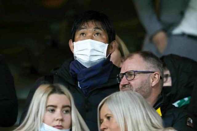 Japan manager Hajime Miriyasu was in the Celtic Park stand to watch his striker Daizen Maeda score in the Europa Conference League match against Bodo/Glimt.  (Photo by Craig Williamson / SNS Group)