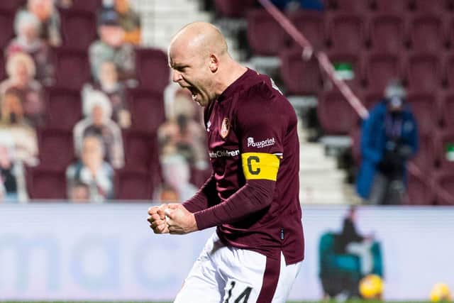 Steven Naismith scored a hat-trick inside five minutes for Hearts during the first half against Arbroath.