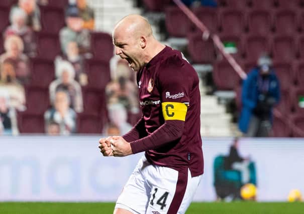 Steven Naismith scored a hat-trick inside five minutes for Hearts during the first half against Arbroath.