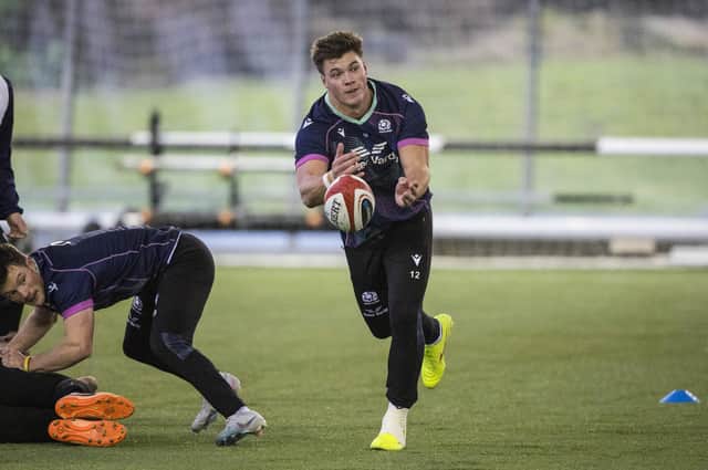 Huw Jones during a Scotland training session ahead of the 2024 Guinness Six Nations.  (Photo by Craig Williamson / SNS Group)