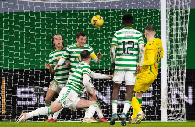 Hibs' Kevin Nisbet scores a late equaliser against Celtic to leave the Parkhead side in a more drastic situation than the one that led to them losing the title by 21 points following the failed John Barnes-Kenny Dalglish experiment. (Photo by Craig Foy / SNS Group)