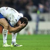 Paolo Garbisi of Italy looks dejected after missing a last minute, match winning penalty against France.