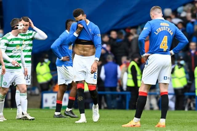 Rangers defender Connor Goldson, covering his face with his shirt in dejection at full-time at Ibrox on Sunday, is among the players set to leave the club this summer. (Photo by Rob Casey / SNS Group)