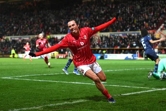 Harry McKirdy of Swindon Town, pictured scoring against Man City in the FA Cup in January, is only one of several names on a list of potential Hibs targets this summer. (Photo by Michael Regan/Getty Images)