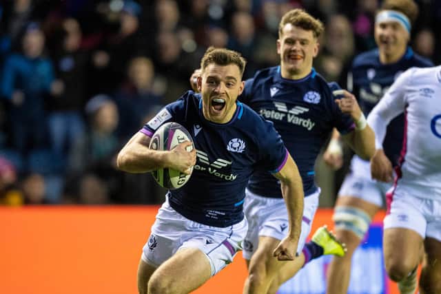 Scotland's Ben White breaks clear to score a first-half try against England in the Six Nations clash at BT Murrayfield.