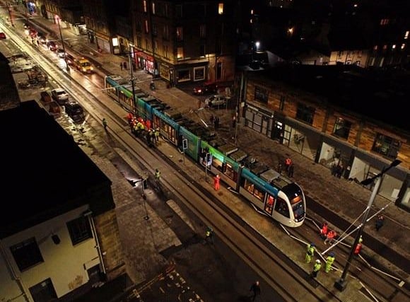 An image of the test tram on Leith Walk, near Stead's Place, captured by drone.