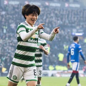 Celtic's Kyogo Furuhashi celebrates his second goal of the game during the Viaplay Cup final between Rangers and Celtic at Hampden.  (Photo by Paul Devlin / SNS Group)