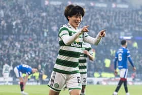Celtic's Kyogo Furuhashi celebrates his second goal of the game during the Viaplay Cup final between Rangers and Celtic at Hampden.  (Photo by Paul Devlin / SNS Group)