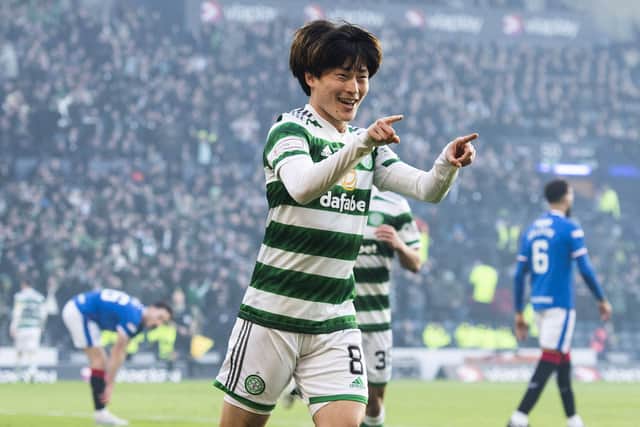 Celtic's Kyogo Furuhashi celebrates his second goal of the game during the Viaplay Cup final between Rangers and Celtic at Hampden. (Photo by Paul Devlin / SNS Group)