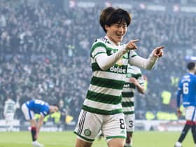 Celtic's Kyogo Furuhashi celebrates his second goal of the game during the Viaplay Cup final between Rangers and Celtic at Hampden.  (Photo by Paul Devlin / SNS Group)