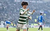 Celtic's Kyogo Furuhashi celebrates his second goal of the game during the Viaplay Cup final between Rangers and Celtic at Hampden.  (Photo by Paul Devlin / SNS Group)