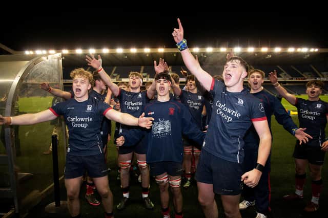 Merchiston Castle celebrate winning the U18 Schools Cup Final against Edinburgh Academy at BT Murrayfield. (Photo by Paul Devlin / SNS Group)
