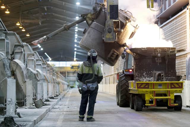 Employees working at the UK’s only remaining aluminium smelter, the Liberty British Aluminium factory in Lochaber, Scotland, in 2019.