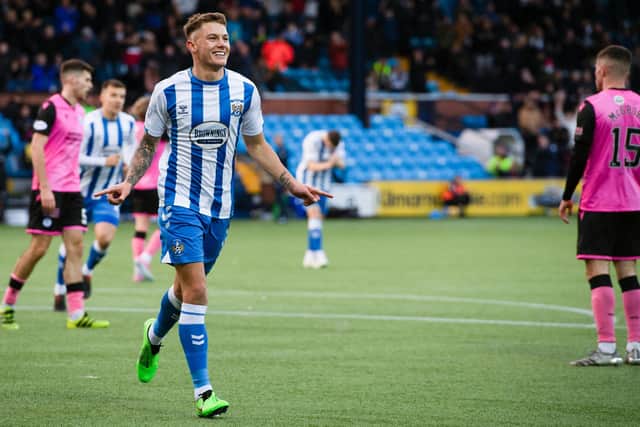 Kilmarnock's Callum Hendry celebrates making it 3-0 during a Cinch Championship match between Kilmarnock and Queen of the South. Killie later added another through Chris Burke. (Photo by Sammy Turner / SNS Group)