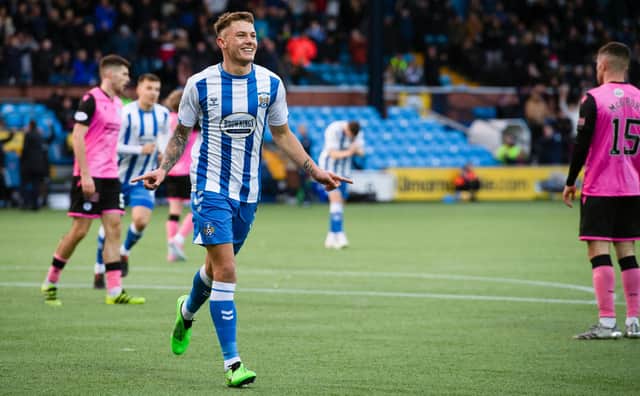 Kilmarnock's Callum Hendry celebrates making it 3-0 during a Cinch Championship match between Kilmarnock and Queen of the South. Killie later added another through Chris Burke. (Photo by Sammy Turner / SNS Group)