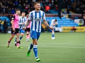 Kilmarnock's Callum Hendry celebrates making it 3-0 during a Cinch Championship match between Kilmarnock and Queen of the South. Killie later added another through Chris Burke. (Photo by Sammy Turner / SNS Group)