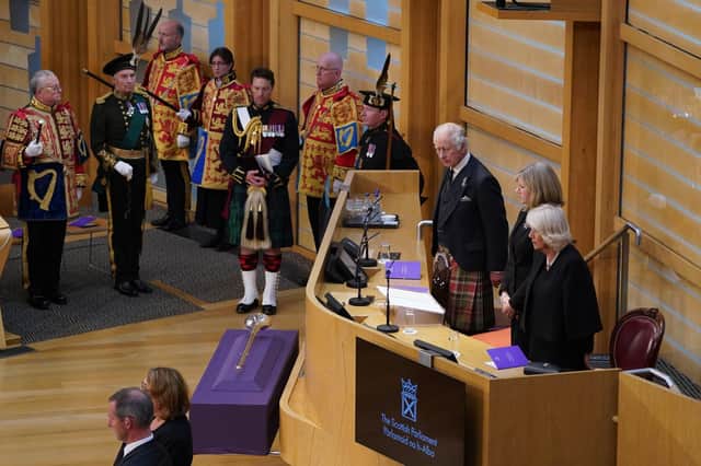 King Charles III, Presiding Officer of the Scottish Parliament Alison Johnstone and Camilla, Queen Consort. Picture: Andrew Milligan - WPA Pool/Getty Images