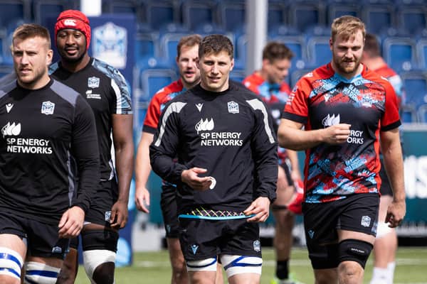 Rory Darge, centre, during a Glasgow Warriors training session at Scotstoun Stadium, on June 11, 2024, in Glasgow, Scotland. (Photo by Alan Harvey / SNS Group)