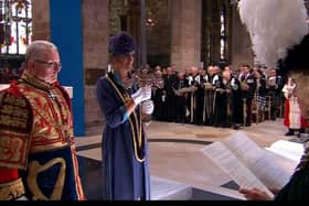 Dame Katherine Grainger carries the Elizabeth Sword. Picture: BBC