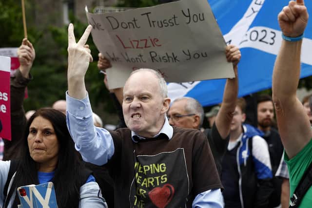 Protesters demonstrate outside the Conservative party leadership hustings in Perth (Picture: Jeff J Mitchell/Getty Images)