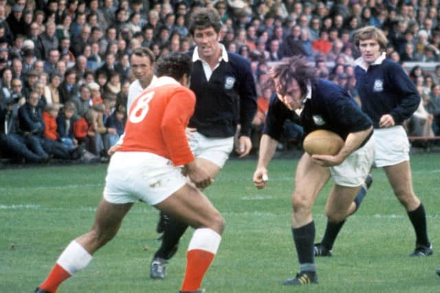 Sandy Carmichael on the attack for Scotland in the 1974/75 season. The prop will be remembered with a minute's silence before the Tonga game.