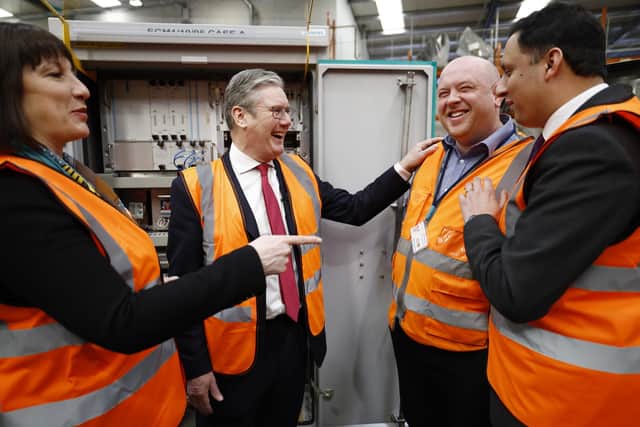 Shadow Chancellor Rachel Reeves, Labour leader Keir Starmer and Scottish Labour leader Anas Sarwar, pictured on a visit to a Siemens factory in Glasgow, need to win people over to their way of thinking about economics (Picture: Jeff J Mitchell/Getty Images)