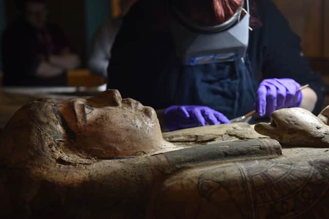 Paintings were discovered inside the coffin of the mummy after she was lifted out of it, for the first time in more than 100 years.
