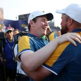 Bob MacIntyre and Shane Lowry celebrate after Europe's win in the Ryder Cup at Marco Simone Golf Club in Rome at the end of October. Picture: Naomi Baker/Getty Images.