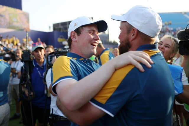 Bob MacIntyre and Shane Lowry celebrate after Europe's win in the Ryder Cup at Marco Simone Golf Club in Rome at the end of October. Picture: Naomi Baker/Getty Images.