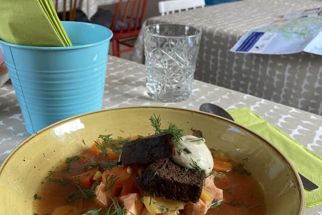 Soup packed with fish and vegetables, accompanied by dark archipelago bread at Köpmans B&B and cafe. Pic: Fiona Laing