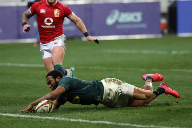 Lukhanyo Am scores South Africa's second try. It was awarded after a consultation with the TMO. Picture: EJ Langner/Gallo Images/Getty Images