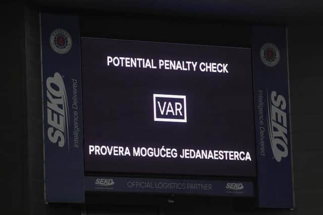 The big screen at Ibrox shows a penalty check by VAR during a UEFA Europa League match. (Photo by Craig Foy / SNS Group)