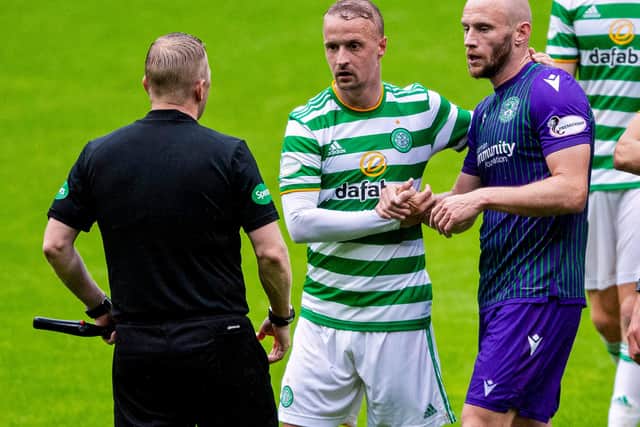 Leigh Griffiths with Hibs captain David Gray during a pre-season meeting at Parkhead