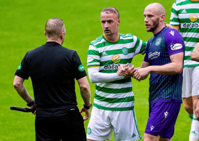 Leigh Griffiths with Hibs captain David Gray during a pre-season meeting at Parkhead