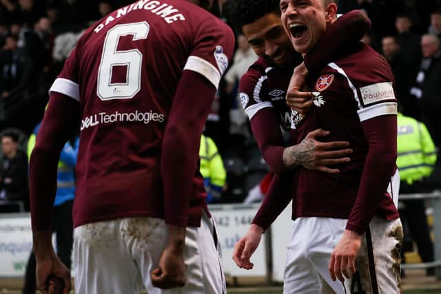 Cameron Devlin celebrates after scoring for Hearts in the 2-0 win at St Mirren (Photo by Alan Harvey / SNS Group)