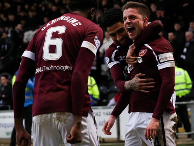 Cameron Devlin celebrates after scoring for Hearts in the 2-0 win at St Mirren (Photo by Alan Harvey / SNS Group)