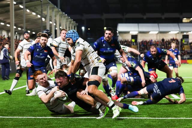 Edinburgh's Ewan Ashman scores a second-half try during the EPCR Challenge Cup against Gloucester at the Hive Stadium. (Photo by Ross Parker / SNS Group)