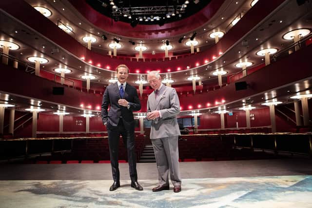 RCS graduate Sam Heughan with patron Prince Charles at its New Athenaeum Theatre. Picture: Robert McFadzean