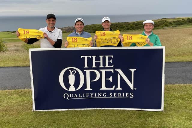 Happy quartet Robert Dinwiddie, Lars Van Miejel, Alex Wrigley and David Carey celebrate securing spots in the 150th Open through Final Qualifying at Fairmont St Andrews. Picture: R&A