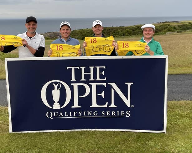 Happy quartet Robert Dinwiddie, Lars Van Miejel, Alex Wrigley and David Carey celebrate securing spots in the 150th Open through Final Qualifying at Fairmont St Andrews. Picture: R&A
