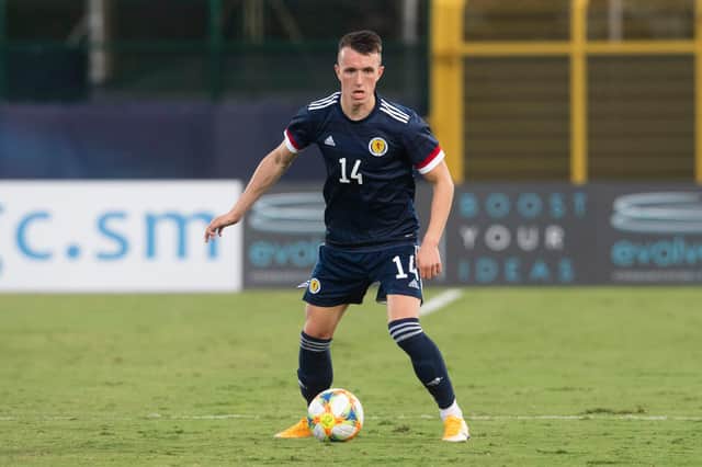 Celtic midfielder David Turnbull in action for Scotland U21 during a European Championship Qualifying match against San Marino U21 in Serravalle, San Marino on October 13, 2020. (Photo by Craig Foy / SNS Group)