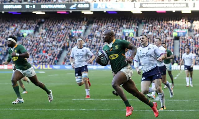 Makazole Mapimpi of South Africa goes over to score their side's second try against Scotland. (Photo by Ian MacNicol/Getty Images)