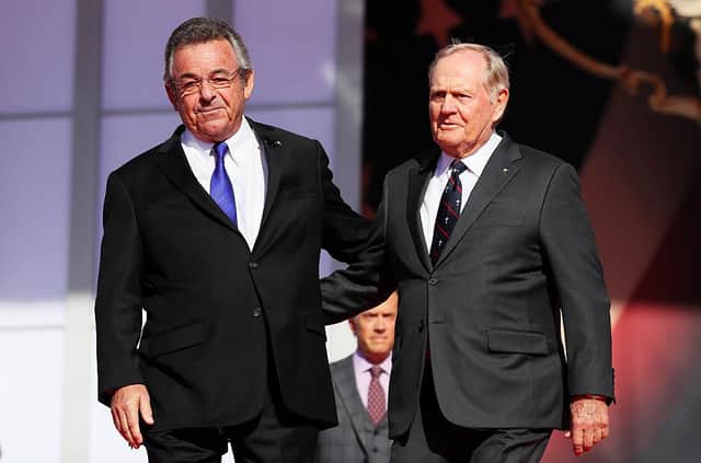 Former Ryder Cup captains Tony Jacklin and Jack Nicklaus during the 2016 Ryder Cup ppening ceremony at Hazeltine National Golf Club in Chaska, Minnesota. Picture: Andrew Redington/Getty Images.
