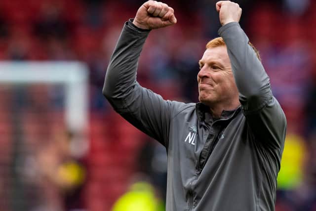 Celtic manager Neil Lennon celebrates the club's most recent Scottish Cup win that came with a final triumph over Hearts in May 2019