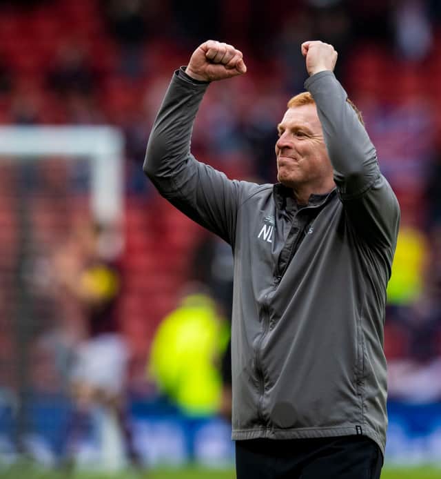 Celtic manager Neil Lennon celebrates the club's most recent Scottish Cup win that came with a final triumph over Hearts in May 2019