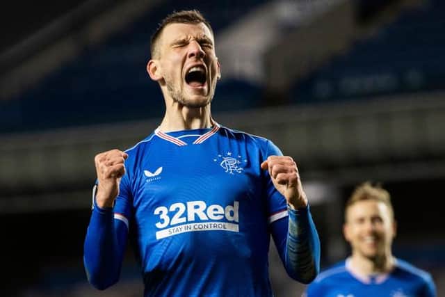 Borna Barisic celebrates after scoring from the penalty spot for Rangers in their 5-2 Europa League win against Royal Antwerp at Ibrox. (Photo by Craig Williamson / SNS Group)
