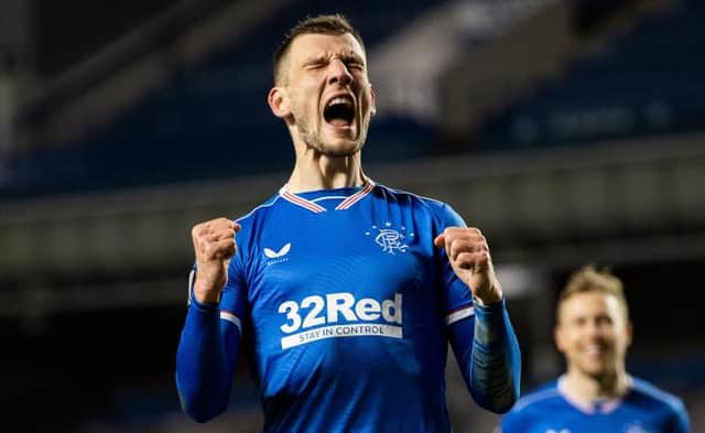 Borna Barisic celebrates after scoring from the penalty spot for Rangers in their 5-2 Europa League win against Royal Antwerp at Ibrox. (Photo by Craig Williamson / SNS Group)
