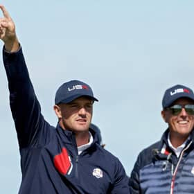 Bryson DeChambeau with US vice-captain Phil Mickelson during last year's Ryder Cup at Whistling Straits. Picture: Patrick Smith/Getty Images.