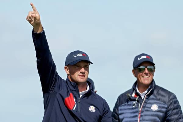 Bryson DeChambeau with US vice-captain Phil Mickelson during last year's Ryder Cup at Whistling Straits. Picture: Patrick Smith/Getty Images.