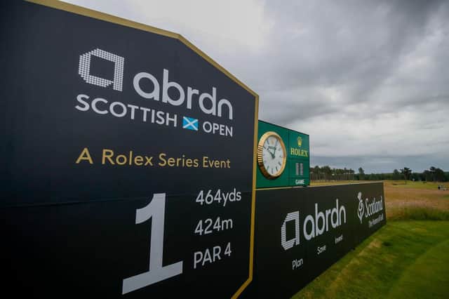 A general view of branding on the first tee prior to the abrdn Scottish Open at The Renaissance Club in East Lothian. Picture: Luke Walker/Getty Images.